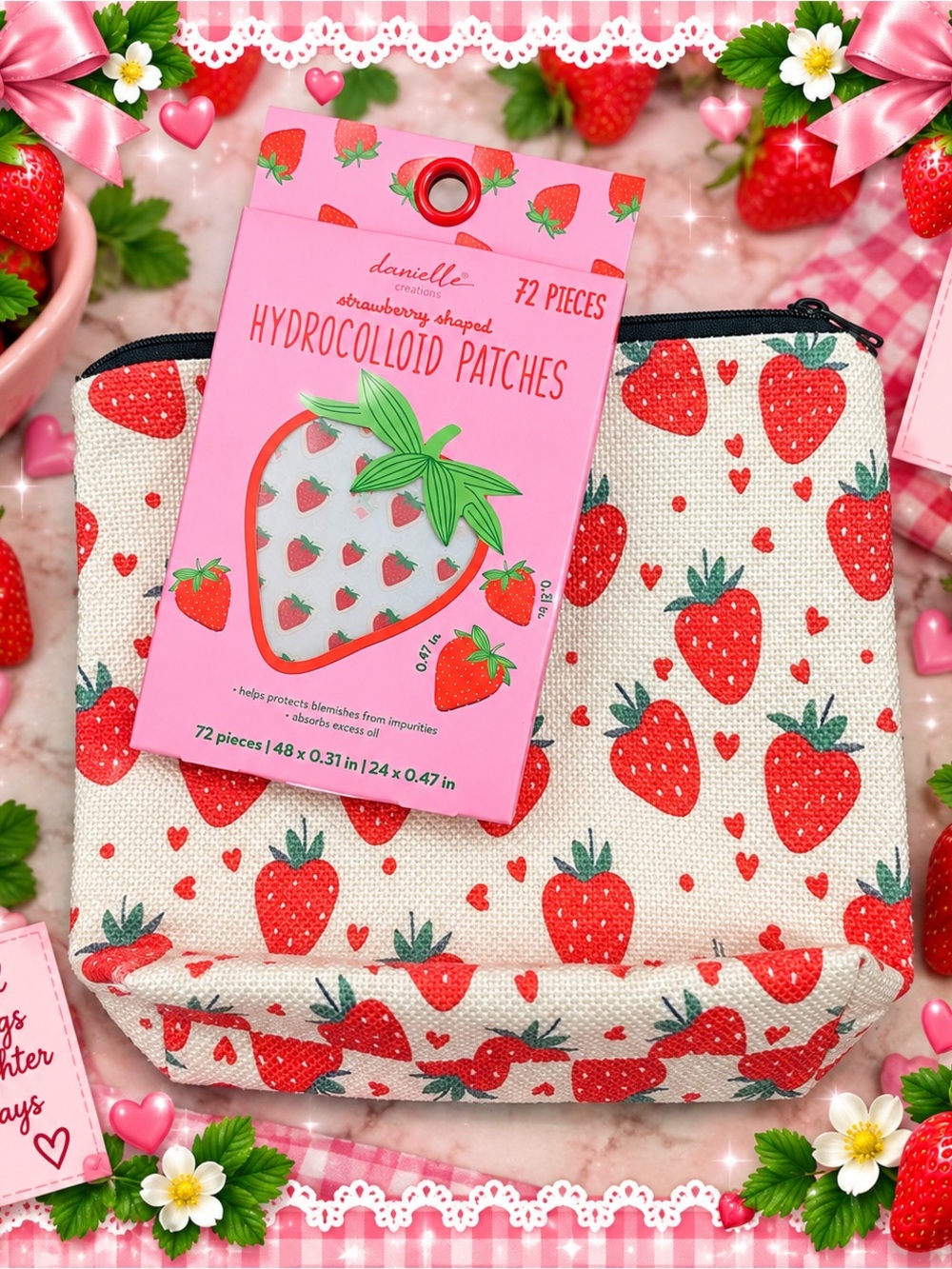 Danielle Strawberry Shaped Hydrocolloid Patches and Cosmetic Bag